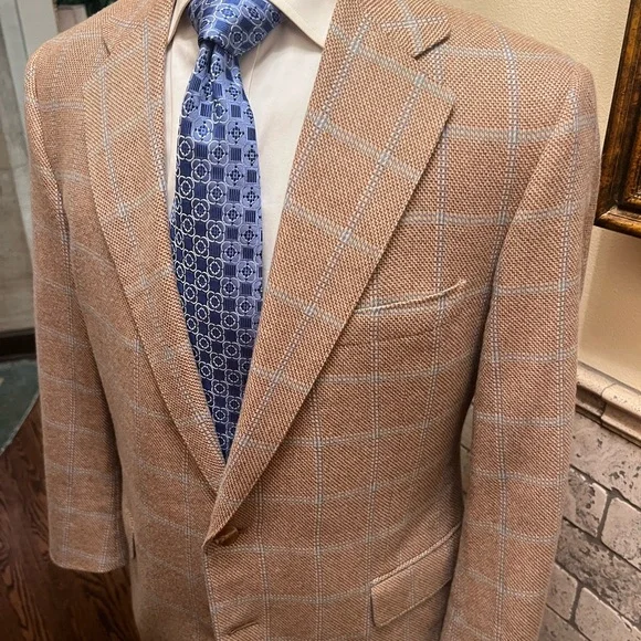 Custom Bespoke 100% Cashmere Windowpane Sport Coat Blazer Jacket Tan Men 42S - Picture 7 of 15